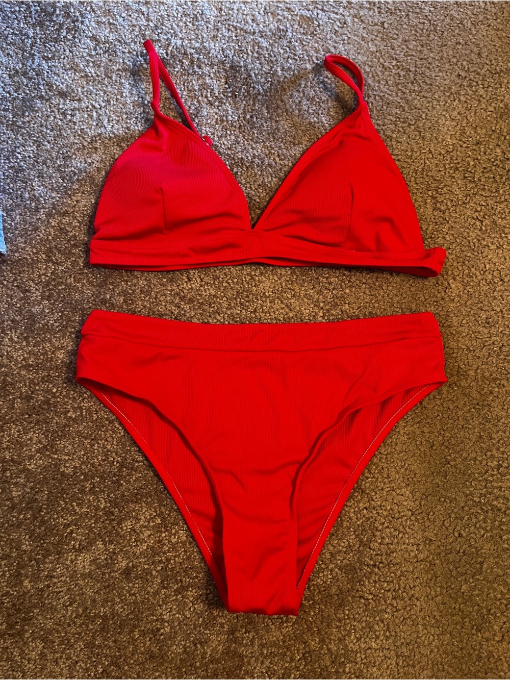 Red Ribbed Triangle Bikini Set - Women Swim